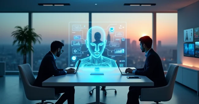 Interface de atendimento multicanal com agente IA ao centro e ícones de redes sociais conectados