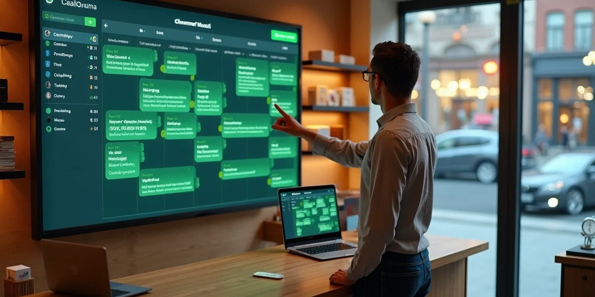 Gestor de loja observando painel com mensagens de WhatsApp agendadas para clientes