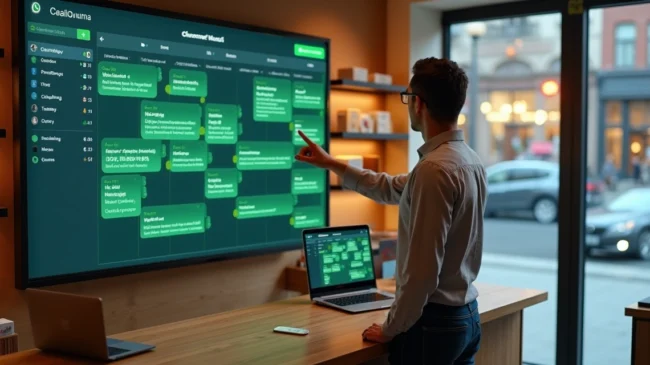 Gestor de loja observando painel com mensagens de WhatsApp agendadas para clientes