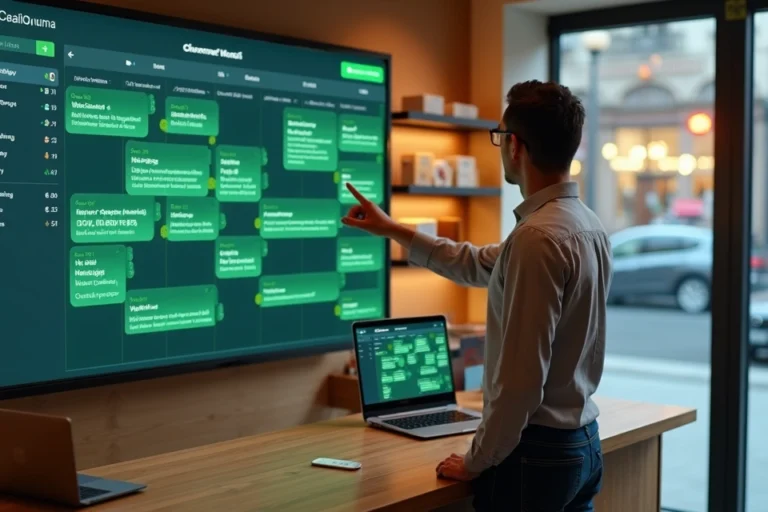 Gestor de loja observando painel com mensagens de WhatsApp agendadas para clientes