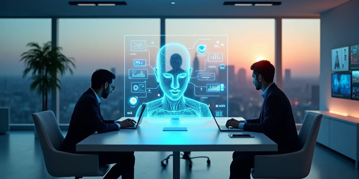 Interface de atendimento multicanal com agente IA ao centro e ícones de redes sociais conectados