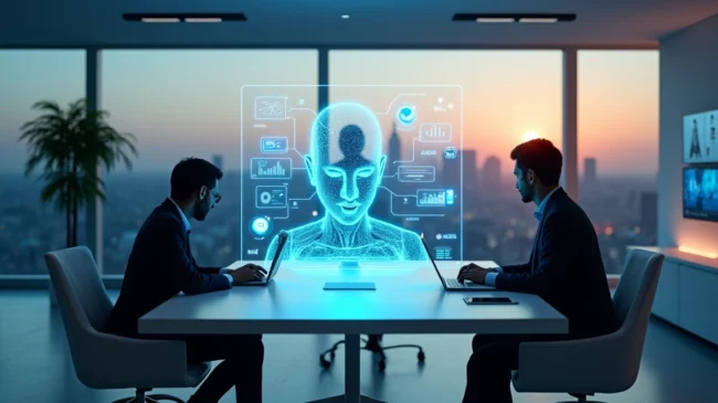 Interface de atendimento multicanal com agente IA ao centro e ícones de redes sociais conectados