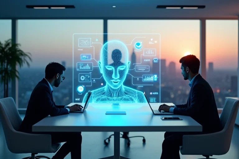 Interface de atendimento multicanal com agente IA ao centro e ícones de redes sociais conectados