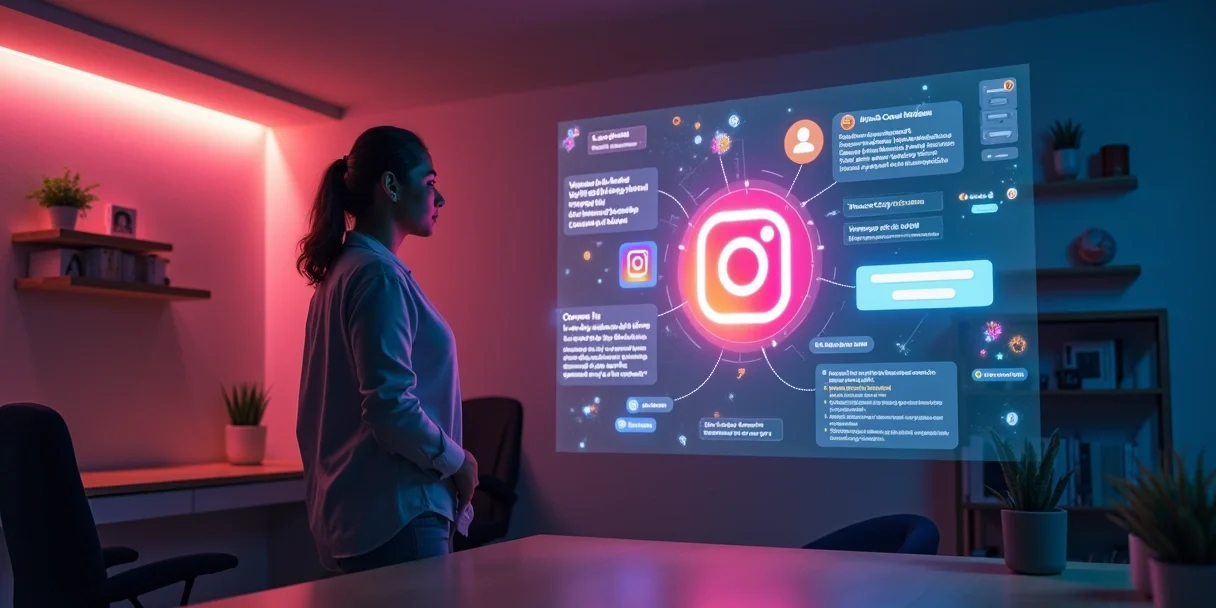 agente-ia-instagram-loja-virtual-383.webp Empreendedora ajusta agente IA no Instagram em painel holográfico ao lado de vitrine virtual