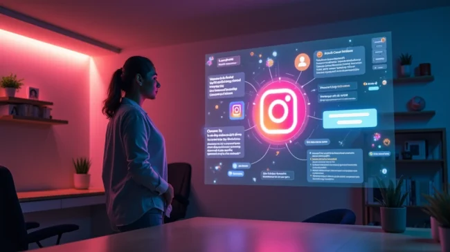 Empreendedora ajusta agente IA no Instagram em painel holográfico ao lado de vitrine virtual