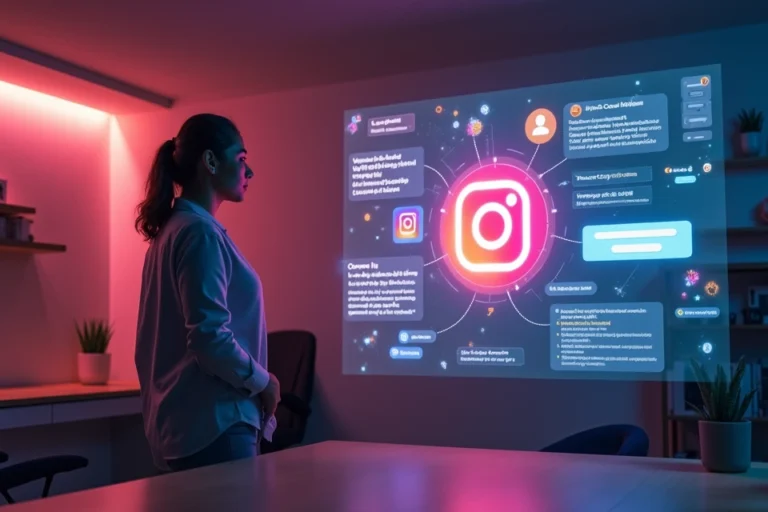 Empreendedora ajusta agente IA no Instagram em painel holográfico ao lado de vitrine virtual