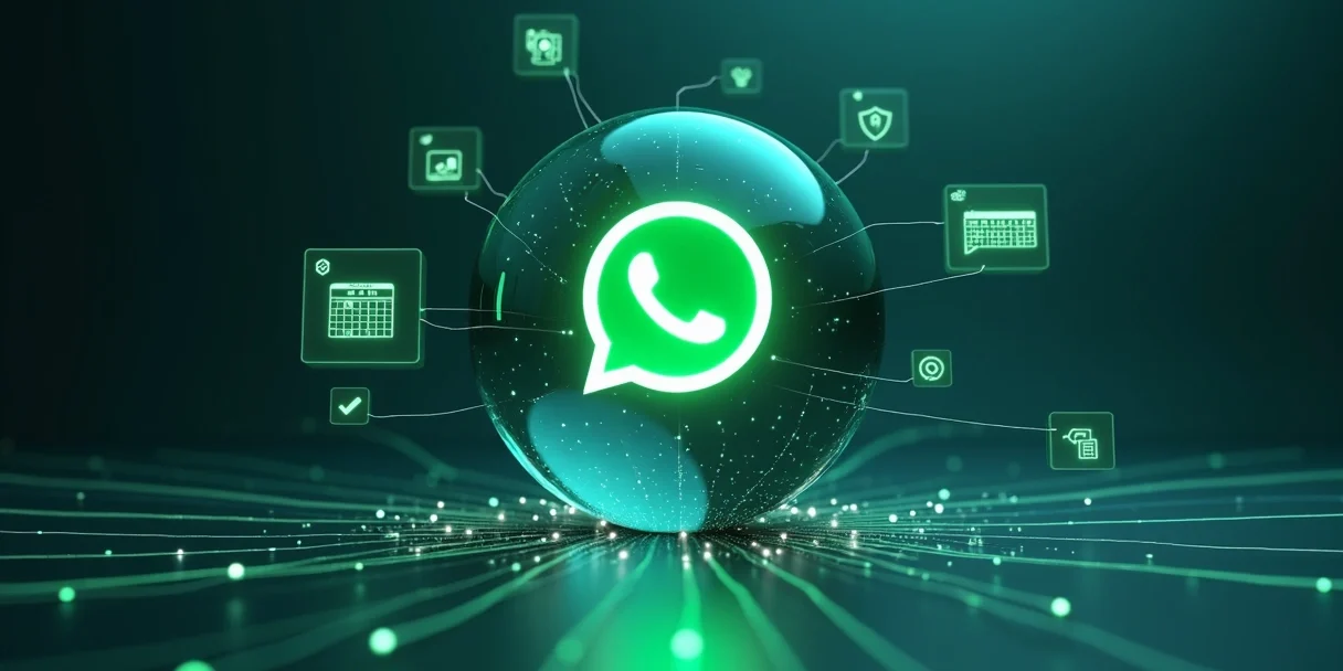api-oficial-whatsapp-contatos-conectados-24.webp Ilustração de conexão da API do WhatsApp com contatos e sistemas empresariais