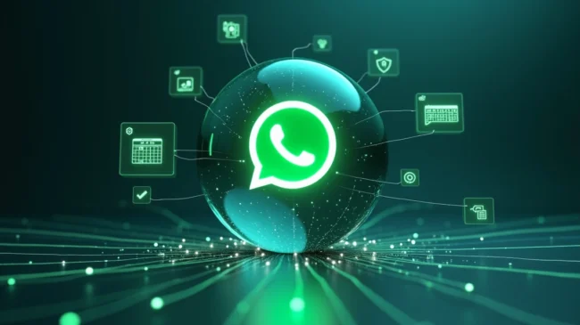 Ilustração de conexão da API do WhatsApp com contatos e sistemas empresariais