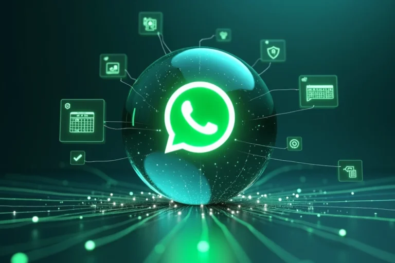 Ilustração de conexão da API do WhatsApp com contatos e sistemas empresariais