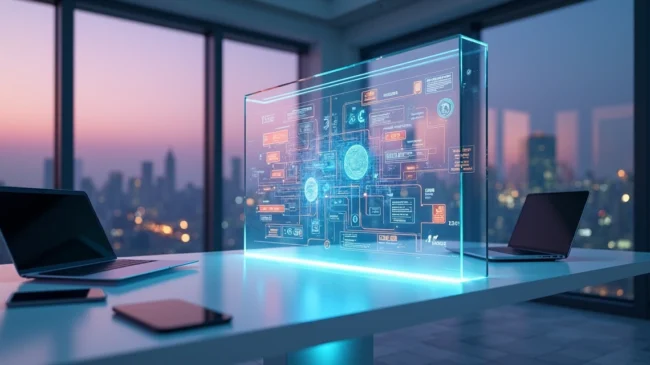 Dashboard 3D com fluxos automatizados conectando diversos sistemas digitais