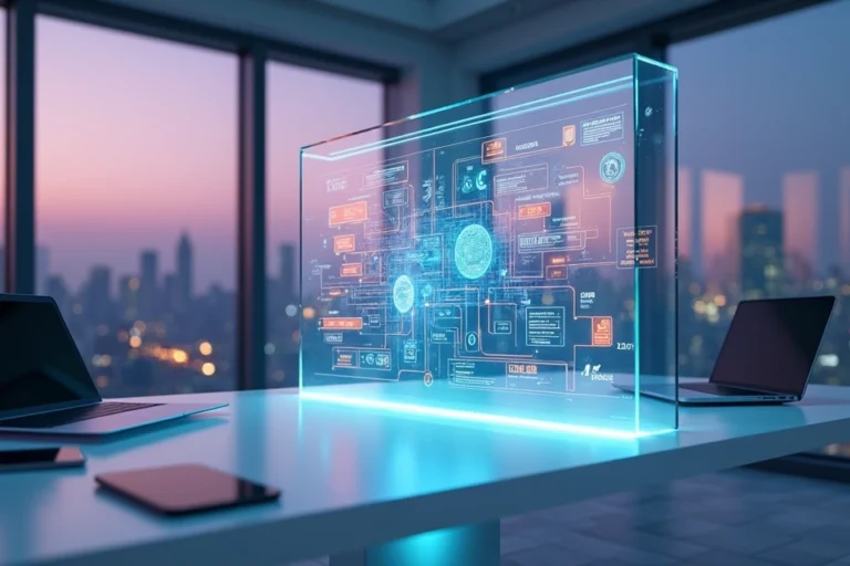 Dashboard 3D com fluxos automatizados conectando diversos sistemas digitais