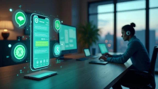 Interface de chatbot em smartphone conectando clientes a vendedores em vários canais digitais