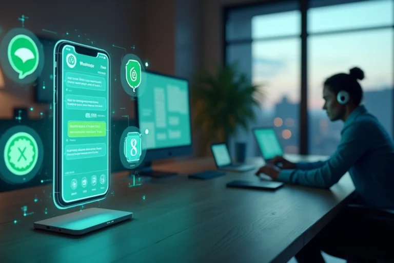 Interface de chatbot em smartphone conectando clientes a vendedores em vários canais digitais