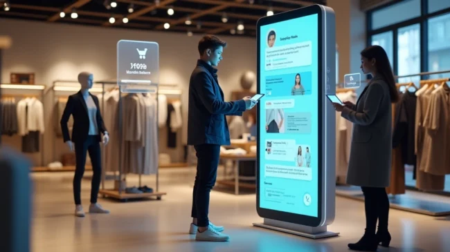 Totem de chatbot digital ajudando cliente em loja de varejo moderna