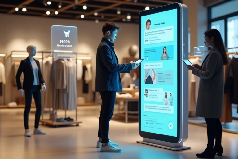 Totem de chatbot digital ajudando cliente em loja de varejo moderna