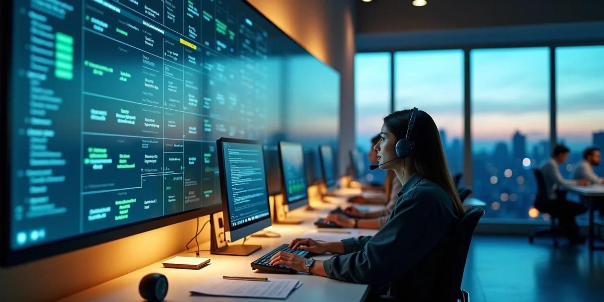 controle-horarios-atendimento-equipe-808.webp Equipe de atendimento em sala moderna com grande relógio digital ao fundo