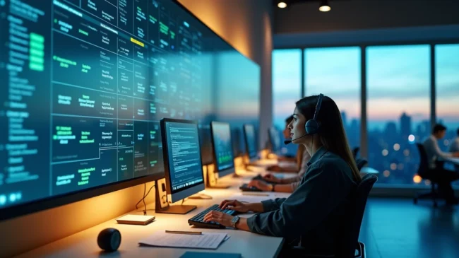 Equipe de atendimento em sala moderna com grande relógio digital ao fundo