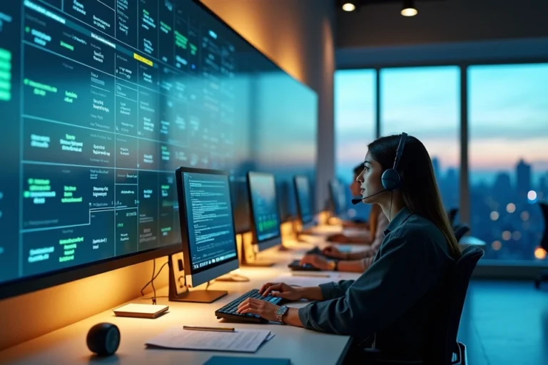 Equipe de atendimento em sala moderna com grande relógio digital ao fundo