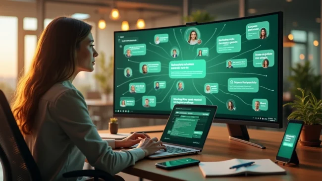Empresária gerenciando mensagens em massa do WhatsApp no computador com clientes conectados