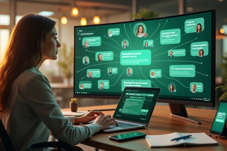 Empresária gerenciando mensagens em massa do WhatsApp no computador com clientes conectados