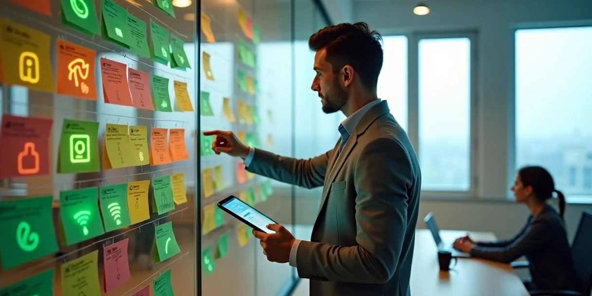 empresario-estrategia-atendimento-whatsapp-310.webp Empresário analisando mural de cartões de clientes com ícones de WhatsApp e outros canais