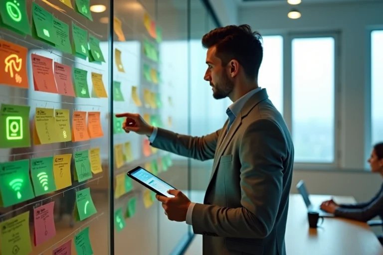 Empresário analisando mural de cartões de clientes com ícones de WhatsApp e outros canais