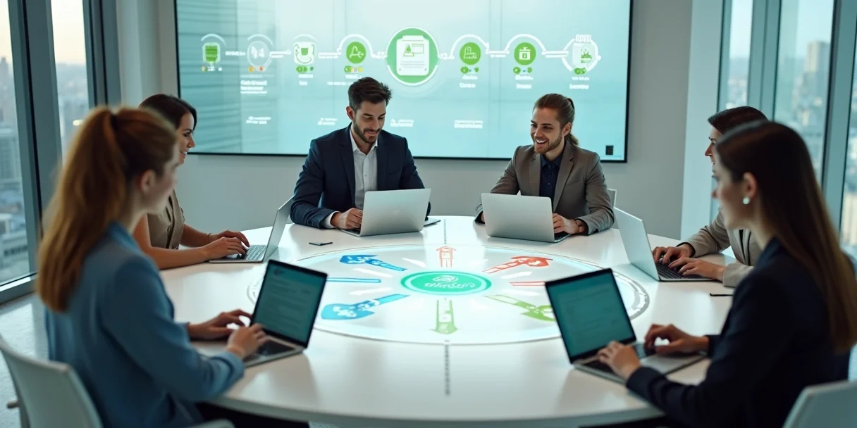 Equipe em mesa circular organizando fluxo de mensagens do WhatsApp em quadro digital