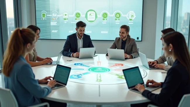Equipe em mesa circular organizando fluxo de mensagens do WhatsApp em quadro digital