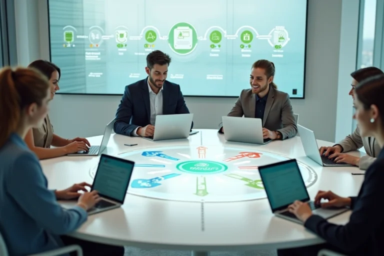 Equipe em mesa circular organizando fluxo de mensagens do WhatsApp em quadro digital