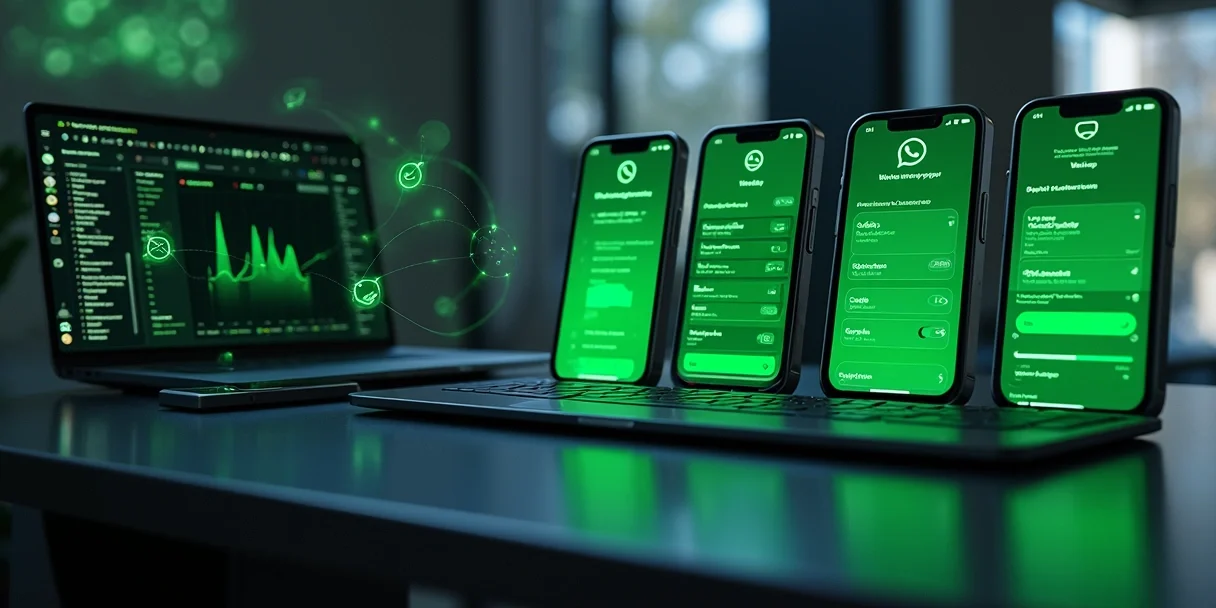 Smartphones alinhados exibindo campanha de mensagens em massa no WhatsApp