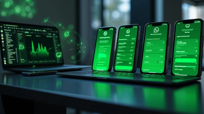 Smartphones alinhados exibindo campanha de mensagens em massa no WhatsApp