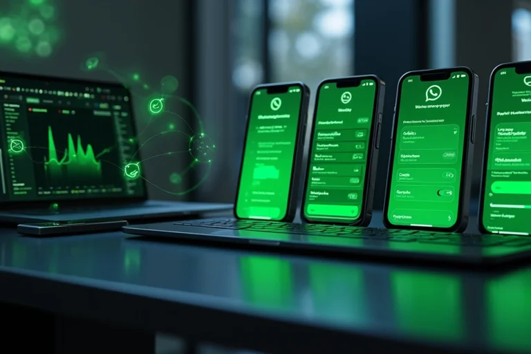 Smartphones alinhados exibindo campanha de mensagens em massa no WhatsApp