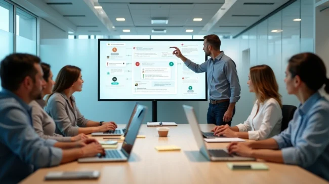 Equipe digital alinhando scripts e processos de atendimento em tela ampla