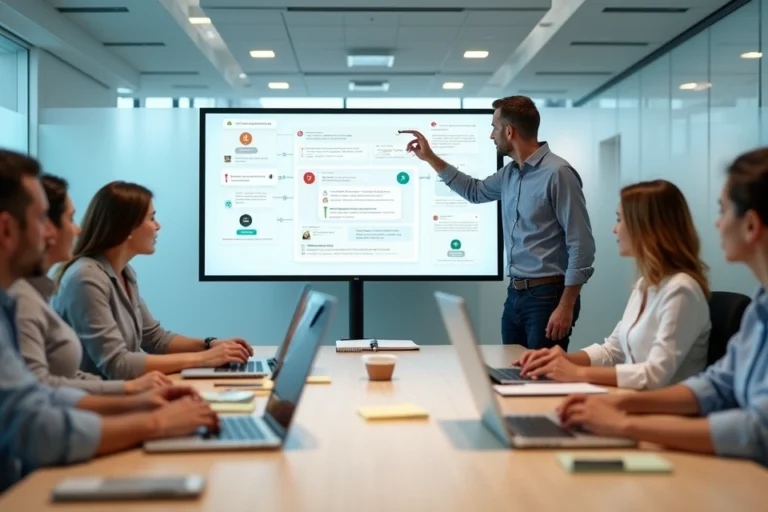 Equipe digital alinhando scripts e processos de atendimento em tela ampla