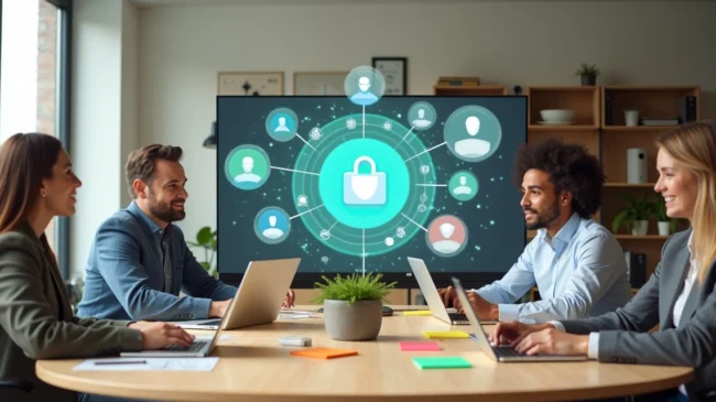 Mesa colaborativa com vários profissionais gerindo atendimentos digitais