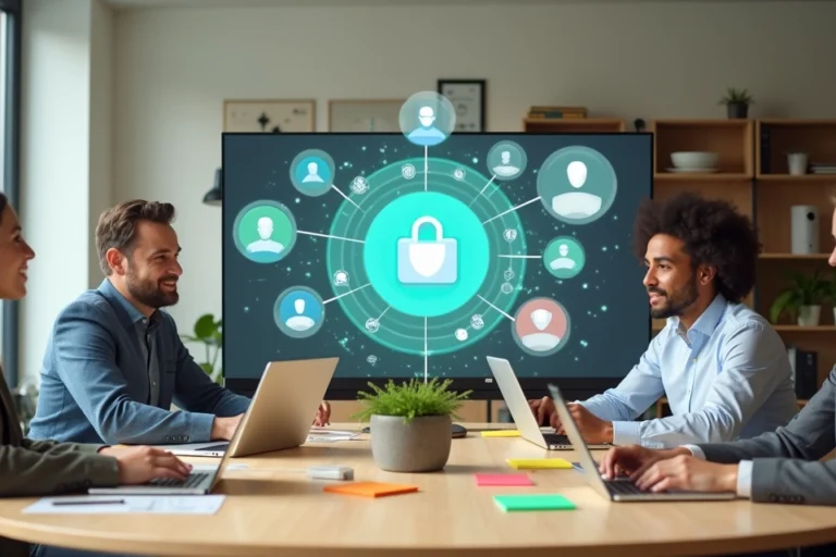 Mesa colaborativa com vários profissionais gerindo atendimentos digitais