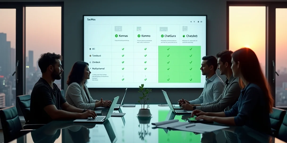 Empresários em reunião analisando plataformas para atendimento pelo WhatsApp em 2026