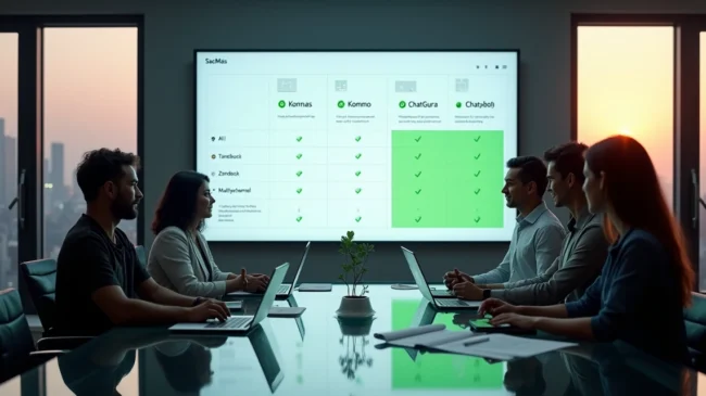 Empresários em reunião analisando plataformas para atendimento pelo WhatsApp em 2026