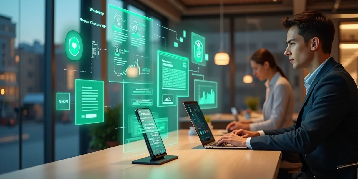 vendedor-whatsapp-atendimento-digital-71.webp Especialista de atendimento organiza vendas digitais pelo WhatsApp em tela flutuante