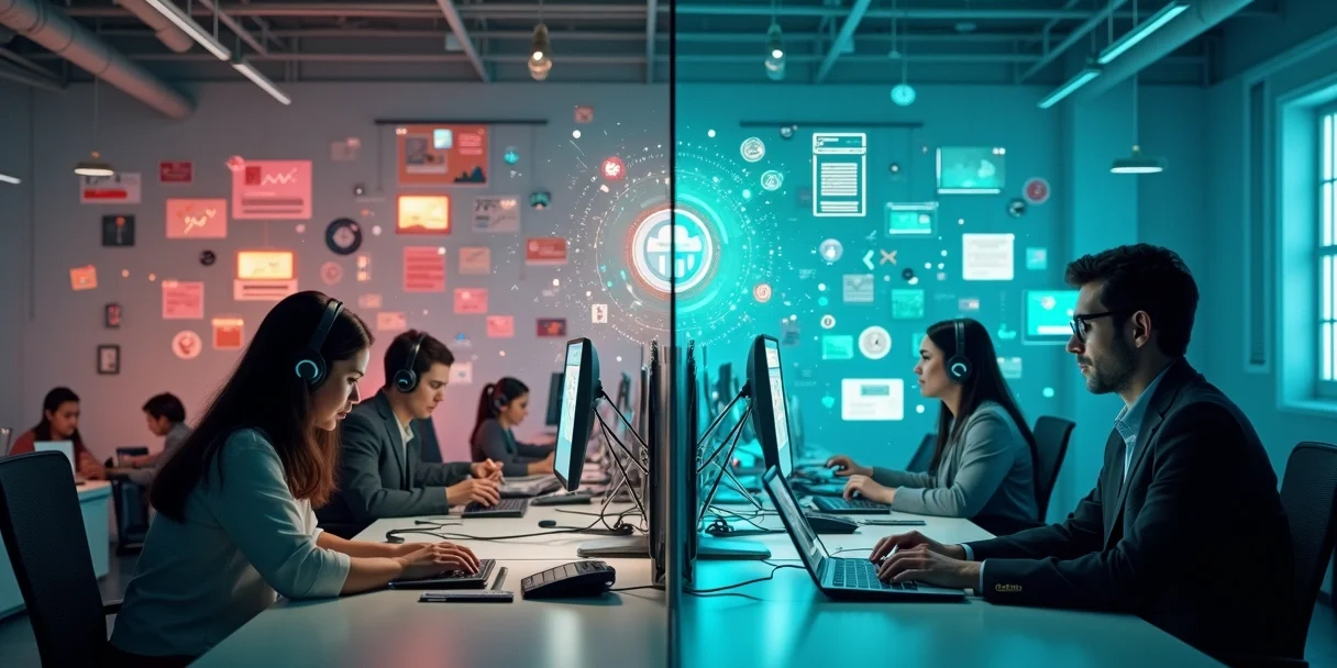 central-caos-automatizacao-atendimento-170.webp Central de atendimento caótica à esquerda e automatizada à direita em contraste visual claro