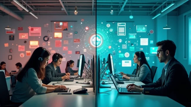Central de atendimento caótica à esquerda e automatizada à direita em contraste visual claro