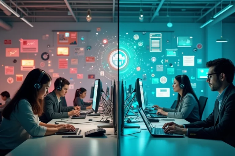 Central de atendimento caótica à esquerda e automatizada à direita em contraste visual claro