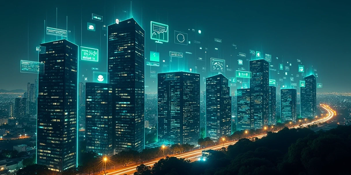 Paisagem urbana noturna com prédios formados por gráficos de atendimento digital omnichannel