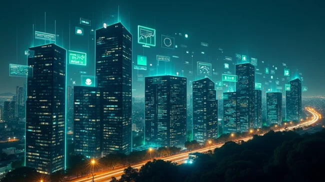 Paisagem urbana noturna com prédios formados por gráficos de atendimento digital omnichannel