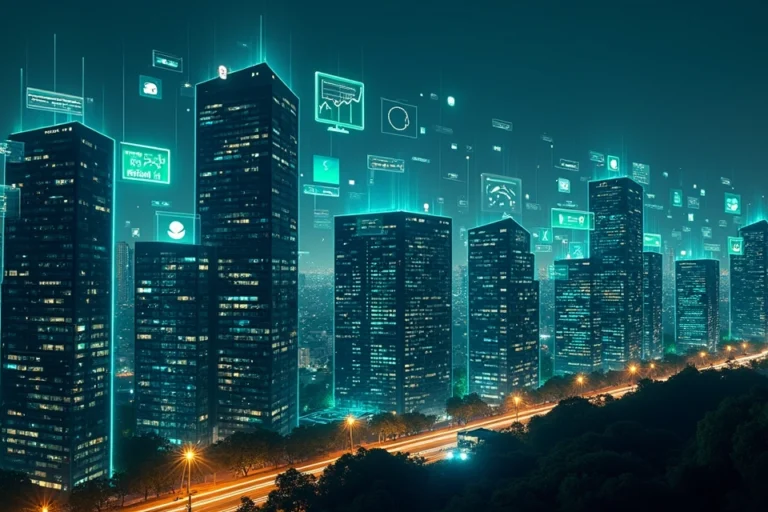 Paisagem urbana noturna com prédios formados por gráficos de atendimento digital omnichannel