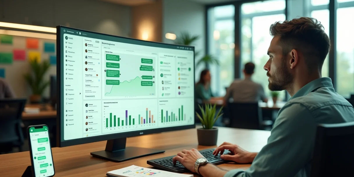 crm-whatsapp-painel-atendimento-240.webp Gestor observando dashboard de CRM integrado ao WhatsApp em escritório moderno