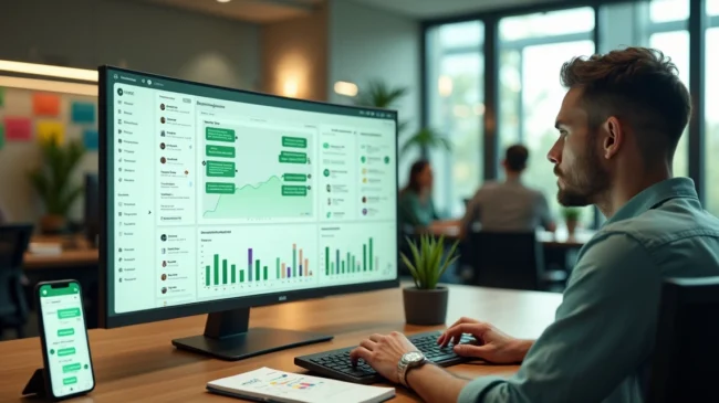 Gestor observando dashboard de CRM integrado ao WhatsApp em escritório moderno
