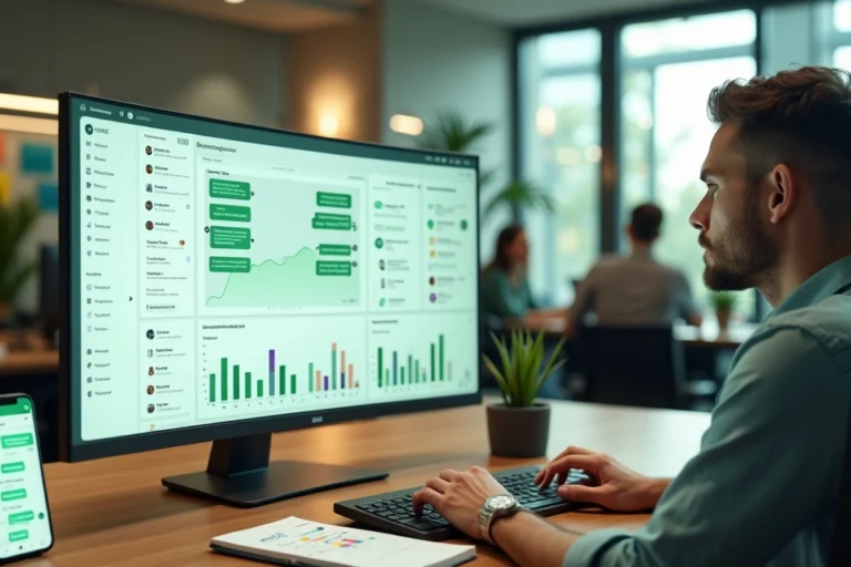 Gestor observando dashboard de CRM integrado ao WhatsApp em escritório moderno