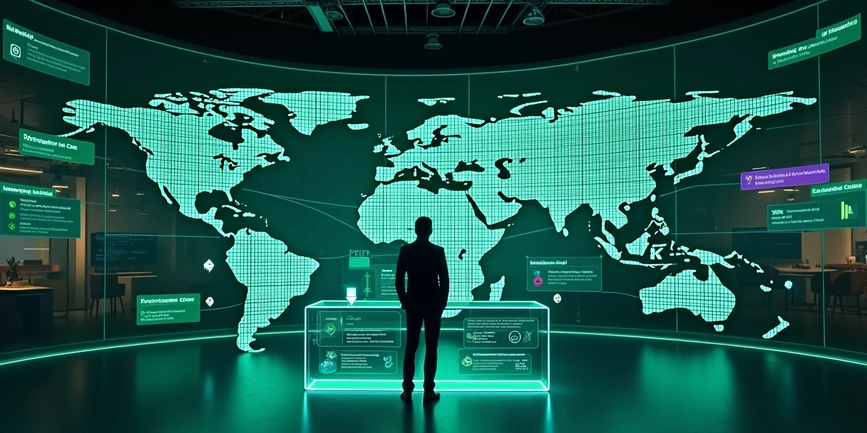 Executiva analisa mapa global com fluxos de mensagens omnichannel conectando clientes e WhatsApp