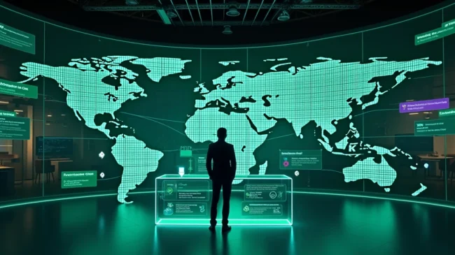 Executiva analisa mapa global com fluxos de mensagens omnichannel conectando clientes e WhatsApp
